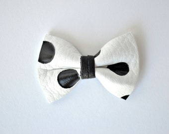 White and Black Polka Dot Leather Bow TINY Clip Photo Prop for Girls Adorable Summer Holiday Clip for Little Girls Babies Toddlers Adults