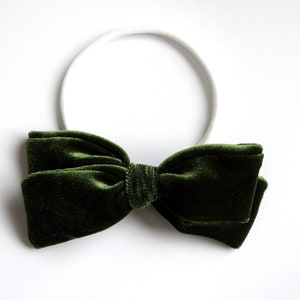 Olivia Velvet Hand Tied Headband for Newborn Baby Child Little Girl Photo Prop Adorable Beautiful Fall Winter Spring Summer Green Olive Bow