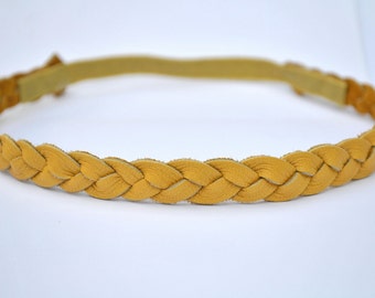 Mustard Leather Braided Headband Newborn Baby Child Adult Yellow Photo Prop Headwrap Gold Beautiful for Little Girl Child Bow