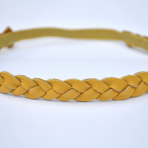 Mustard Leather Braided Heaband Newborn Baby Child Adult Yellow Photo Prop Headwrap Gold Beautiful for Little Girl Child Bow