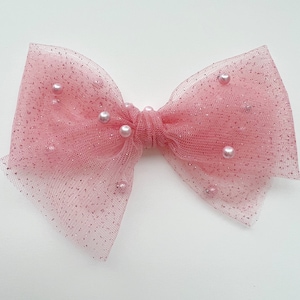 Pink Tulle and Pearl OVERSIZED Hand Tied Bow for Newborn Baby Child Little Girl Photo Prop Beautiful Soft Gorgeous Baby Headband