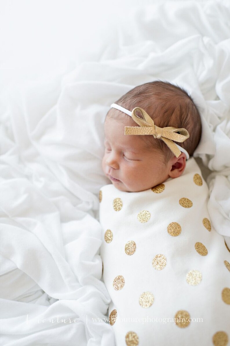 Gold Metallic LARGE Leather Bow One Size Fits All Elastic Adorable Photo Prop for Newborn Baby Little Girl Child Adult Headwrap Pretty Bow image 4