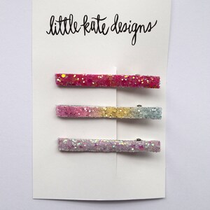 Trio Unicorn Glitter Hair Barrette Set Clip Bow for Baby Child Adult Holiday Spring Summer Adorable Photo Prop Darling Sparkly Pink Clip