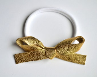 OVERSIZED Gold Metallic Leather Bow OSFA Headband Adorable Photo Prop for Newborn Baby Little Girl Child Adult Summer Headwrap Pretty Bow