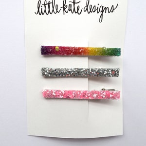 Trio Rainbow Glitter Hair Barrette Set Clip Bow for Baby Child Adult Holiday Spring Summer Adorable Photo Prop Darling Sparkly Pink Clip