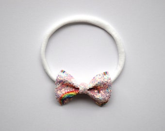 Lucky Rainbow Glitter TINY Bow Headband One Size fits All Adorable Photo Prop for Newborn Baby Little Girl Child Adult Pretty Easter Bow