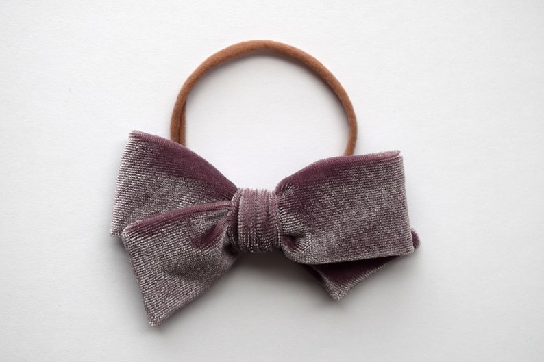 Dusty Orchid Velvet Hand Tied Bow Headband Adorable Photo Prop for Newborn Baby Little Girl Child Fall Mauve Lilac Purple Soft Headband image 2