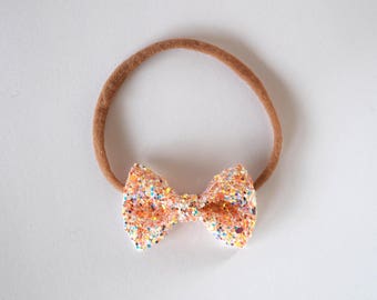 Rose Gold Glitter TINY Bow Headband ONE SIZE fits All for Newborn Baby Little Girl Child Adult Headwrap Pretty Spring Summer Gold Blush Bow