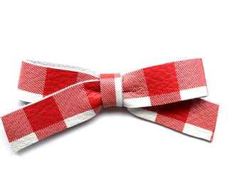 School Girl Red Plaid Picnic Leather Bow Clip Adorable Photo Prop for Newborn Baby Little Girl Child Summer 4th of July American Pretty Bow