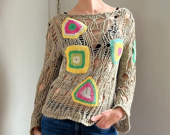 Crochet Patchwork Y2K Sweater, Boho Fishnet Top