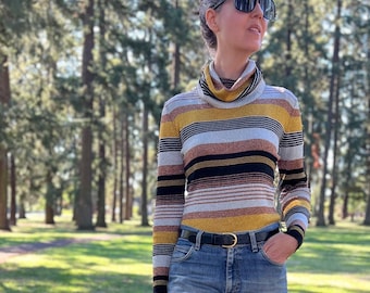 70s Metallic Striped Turtleneck Top in Silver, Gold & Bronze