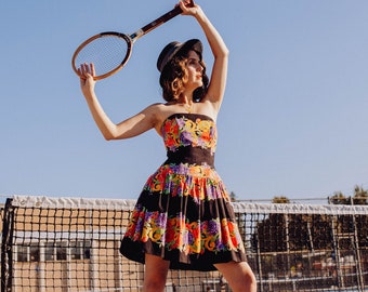 Strapless 80s Party Dress w/ Fun Floral Print