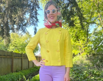 Veste vintage jaune citron des années 60, blazer court croisé XS