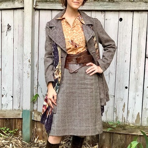 Brown Wool Tweed Midi Skirt, Women's Vintage XS