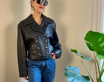 Vintage Leather Jacket, 90s Black Double Breasted Cropped Jacket M