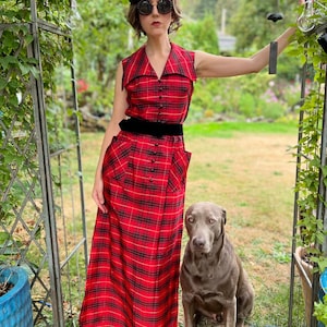 Vestido largo a cuadros, vestido vintage para fiesta con bolsillos