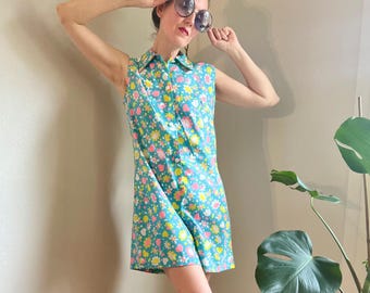 Vintage Floral Romper, 60s Women’s Playsuit w/ Blue Bumblebee Print