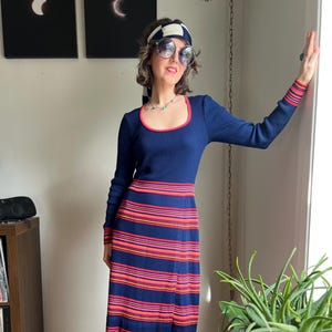 70s Striped Midi Dress, Vintage Knit Long Sleeve Dress