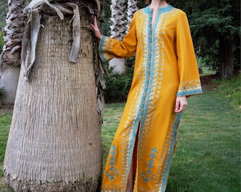 Embroidered Caftan Dress, Metallic Vintage Tunic Kaftan in Amber & Turquoise