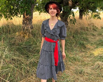 70s Striped Tiered Dress, Vintage Black & White Stripes, Ruffle Neck