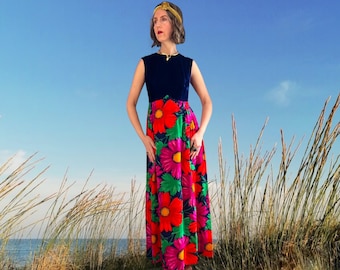 1960s Blue Velvet Floral Maxi Dress