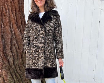 Vintage Tapestry Coat w/ Faux Fur Collar, 60s 70s Boho Peacoat