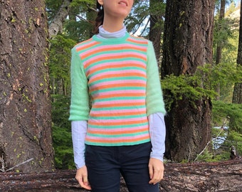 70s Striped Sweater, Pastel Knit Vintage Wool Mint Green Pullover