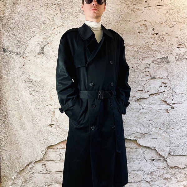 London Fog Trench Coat, 90s Black Vintage Long Coat w/ Removable Lining