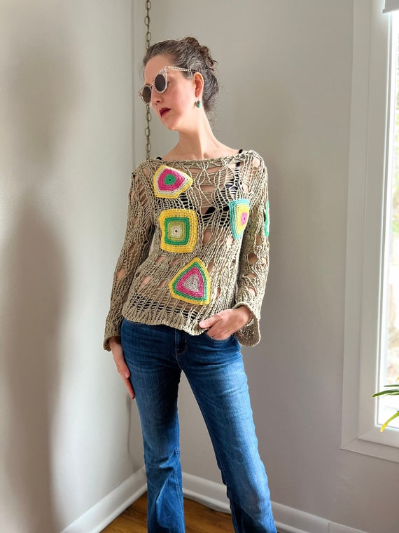 Crochet Patchwork Y2K Sweater, Fishnet Top