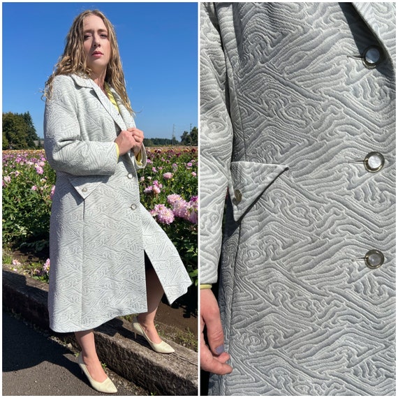 Pearl Gray Textured 70s Midi Length Coat - image 6