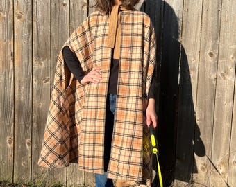 Vintage Wool Cape, Plaid Tartan Check  Reversible Long Camel Cape