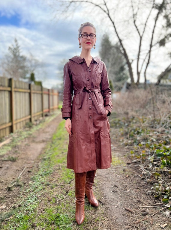 70s Vintage Leather Trench Coat w/ Hood - image 7