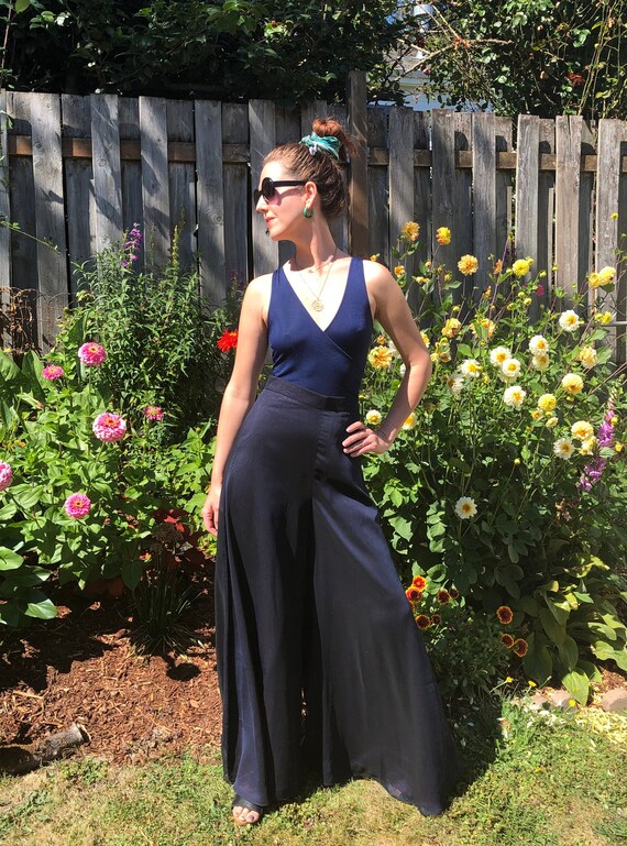 Navy Wide Leg Pants, Vintage Palazzo Pants XS