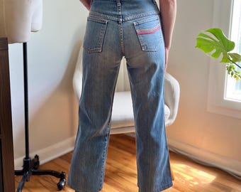 70s High Waisted Denim Blue Jeans w/ Rainbow Detail 25 x 26