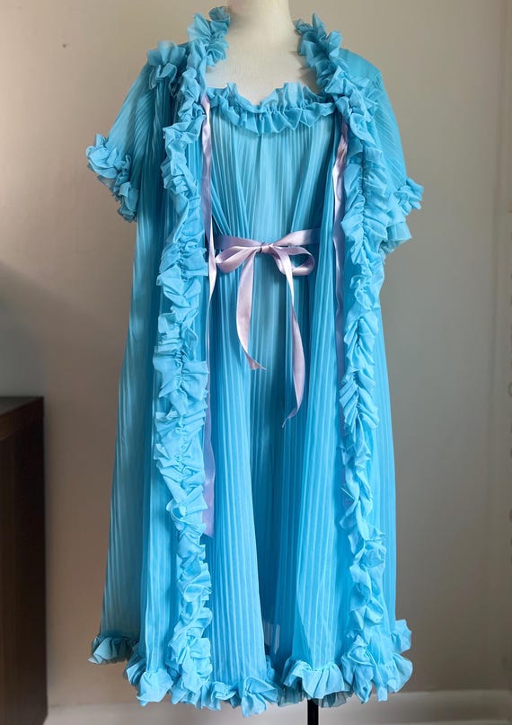 Volup Blue 50s 60s Peignoir Nightgown & Robe Set, Ruffled Glam Vintage Lingerie
