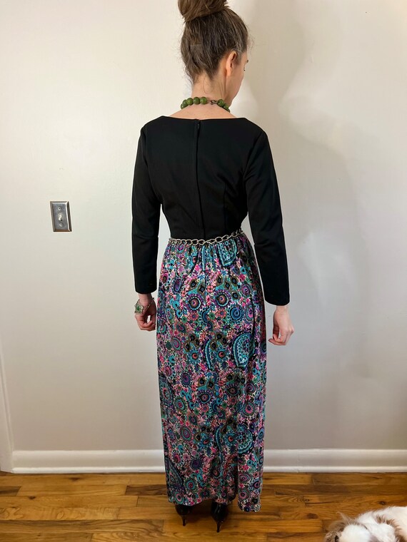 Vintage Black Floral Print Maxi Dress - M