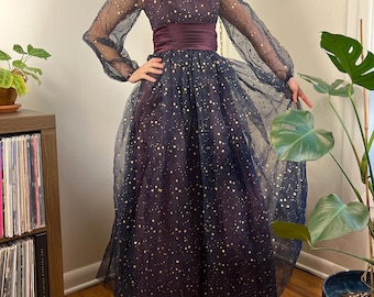 1960s Vintage Metallic Dot Evening Dress, Long Sleeve Formal Gown