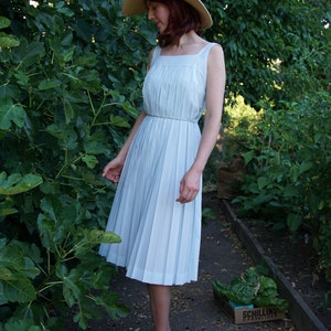 50s Pastel Blue Pleated Summer Day Dress, XS 24&quot; Waist