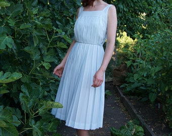 50s Pastel Blue Pleated Summer Day Dress, XS 24" Waist