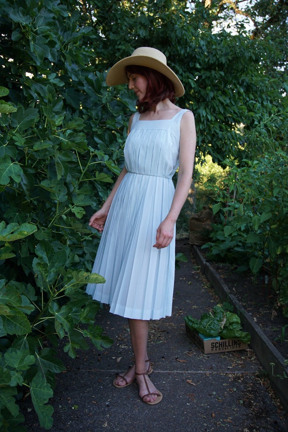 50s Pastel Blue Pleated Summer Day Dress, XS 24" W