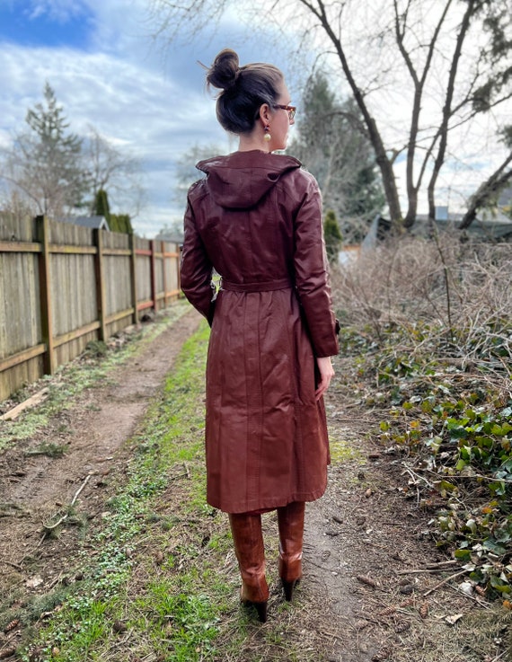 70s Vintage Leather Trench Coat w/ Hood - image 2