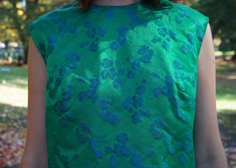 Vintage 60s Satin Brocade Skirt /& Shell Asian Floral 2 Piece Jewel Tone Green Blue Embroidered Dress Set
