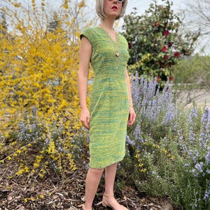60s Chenille Dress, Green Vintage Wiggle Midi Sheath Dress