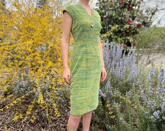 60s Chenille Dress, Green Vintage Wiggle Midi Sheath Dress