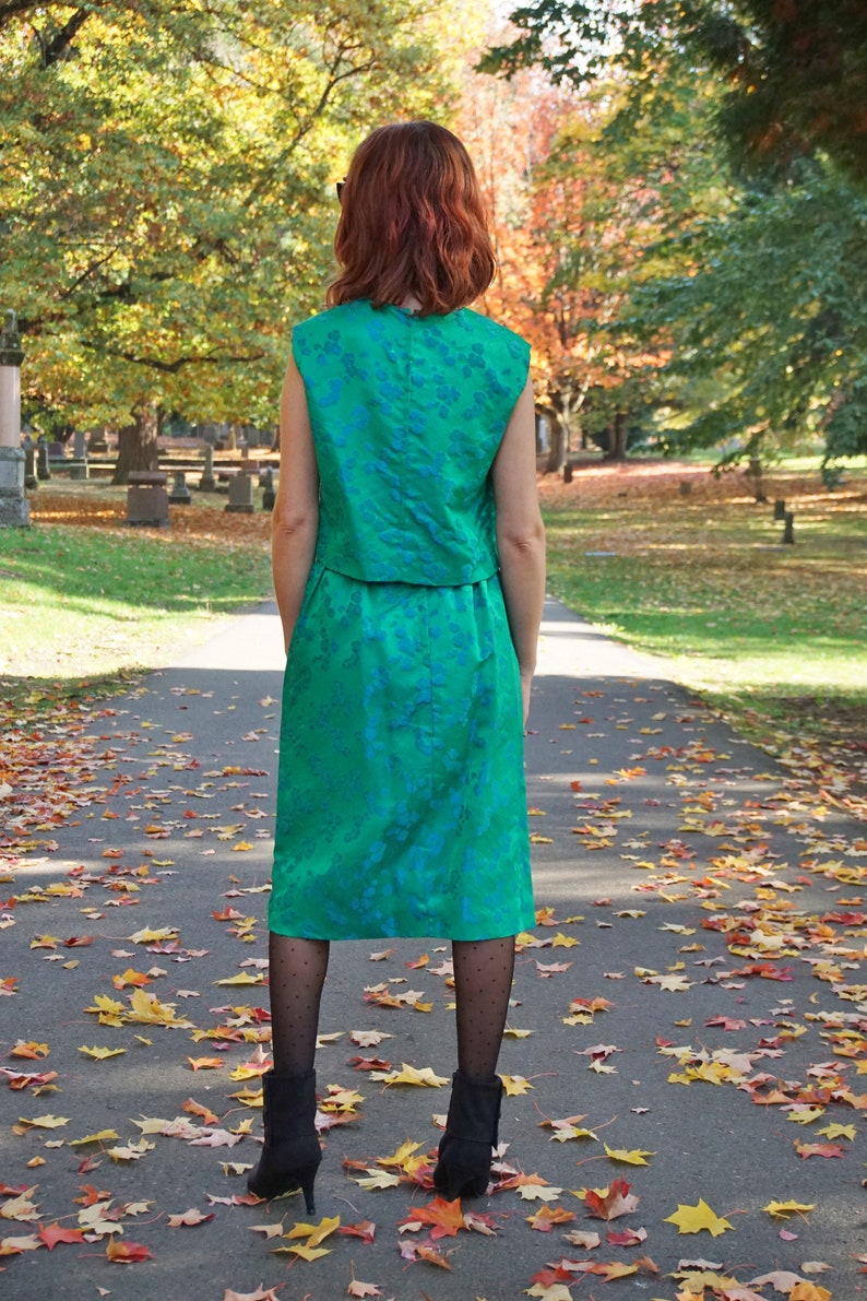 Vintage 60s Satin Brocade Skirt /& Shell Asian Floral 2 Piece Jewel Tone Green Blue Embroidered Dress Set