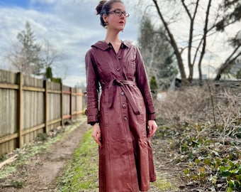 70s Vintage Leather Trench Coat w/ Hood