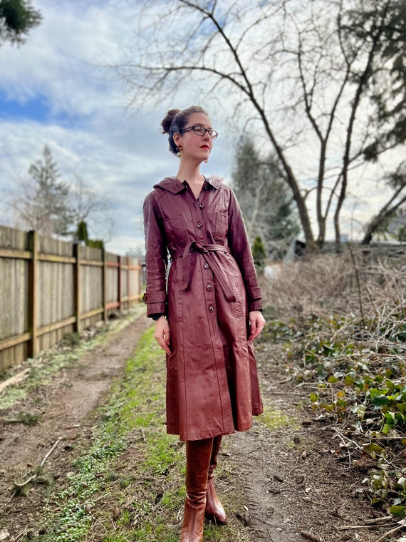 70s Vintage Leather Trench Coat w/ Hood - image 1