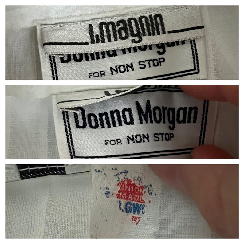 K&ouml;nnte beinhalten: Wei&szlig;es Kleidungsetikett mit schwarzem Text, der "Donna Morgan for Non Stop" lautet.