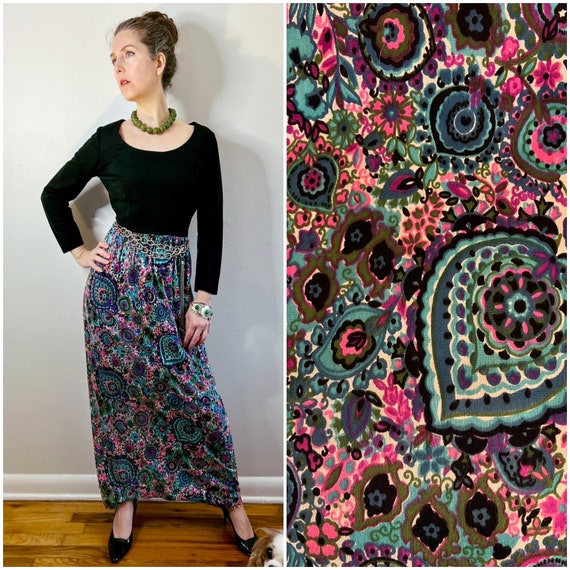 VTG 70S HYDRANGEA FLORAL BLACK PINK BLUE MAXI DRESS 8 10 main image 1