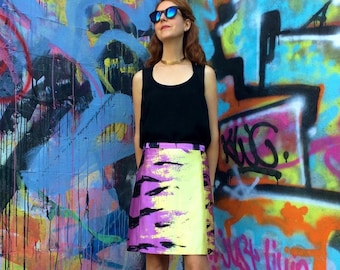 Satin A-Line Vintage Skirt in Purple & Yellow Brushstroke Print 4